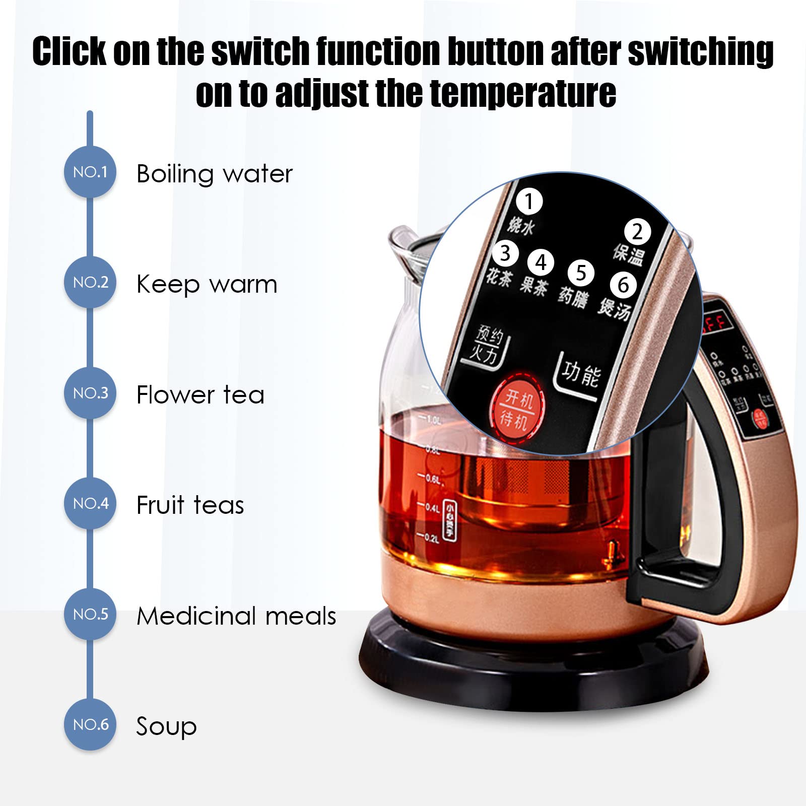 Vetro borosilicato Rapida ebollizione Elettrico bollitore d'Acqua LED indicatore Luminoso, Mantenere la Funzione Calda, 1.2L, Controllo della Temperatura (40 ℃ - 80 ℃)