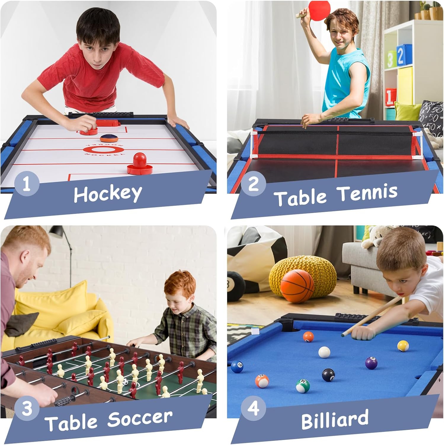 54" 4-in-1 Swivel Multi-Game Table -Combo Game Table Set for Kids, Adults - Indoor and Outdoor Arcade Sports Table - Air Hockey, Billiards, Foosball, Ping Pong for Home, Game Room
