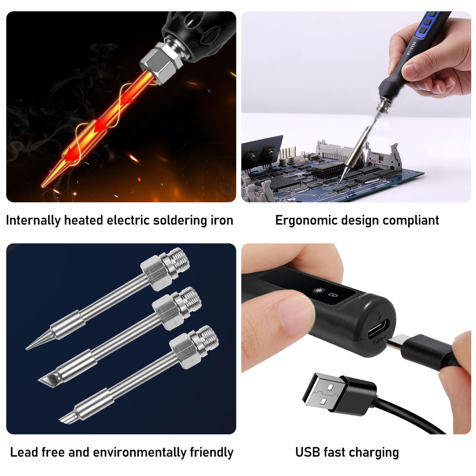 Set Saldatore a Batteria Set Saldatore Con Lcd E 3 Punte di Saldatura, Saldatore Batteria Usb, Temperatura Regolabile 200℃-450℃, Ricaricabile Usb Saldatore Senza Fili Per Riparazione Della Saldatura