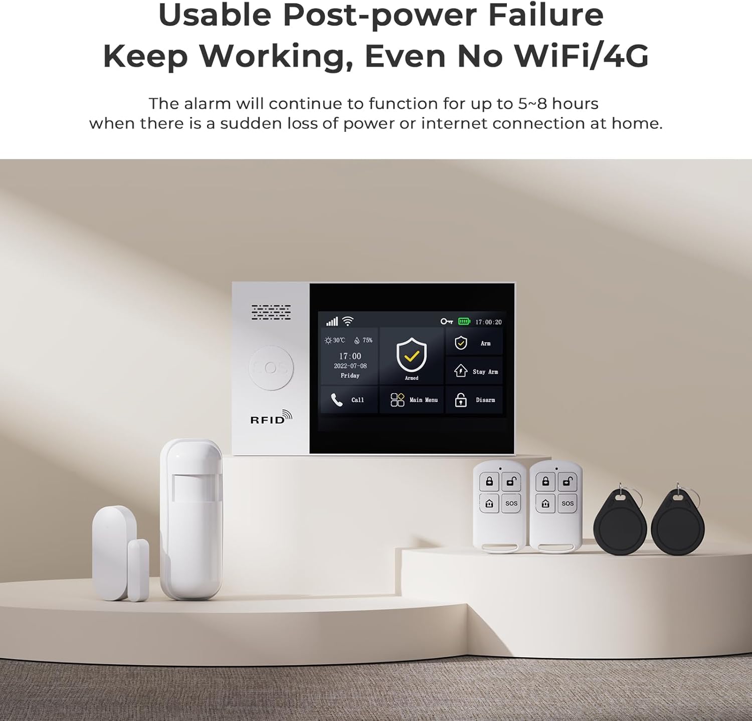 Alarm system components on a table, with text indicating continued operation during power failure.