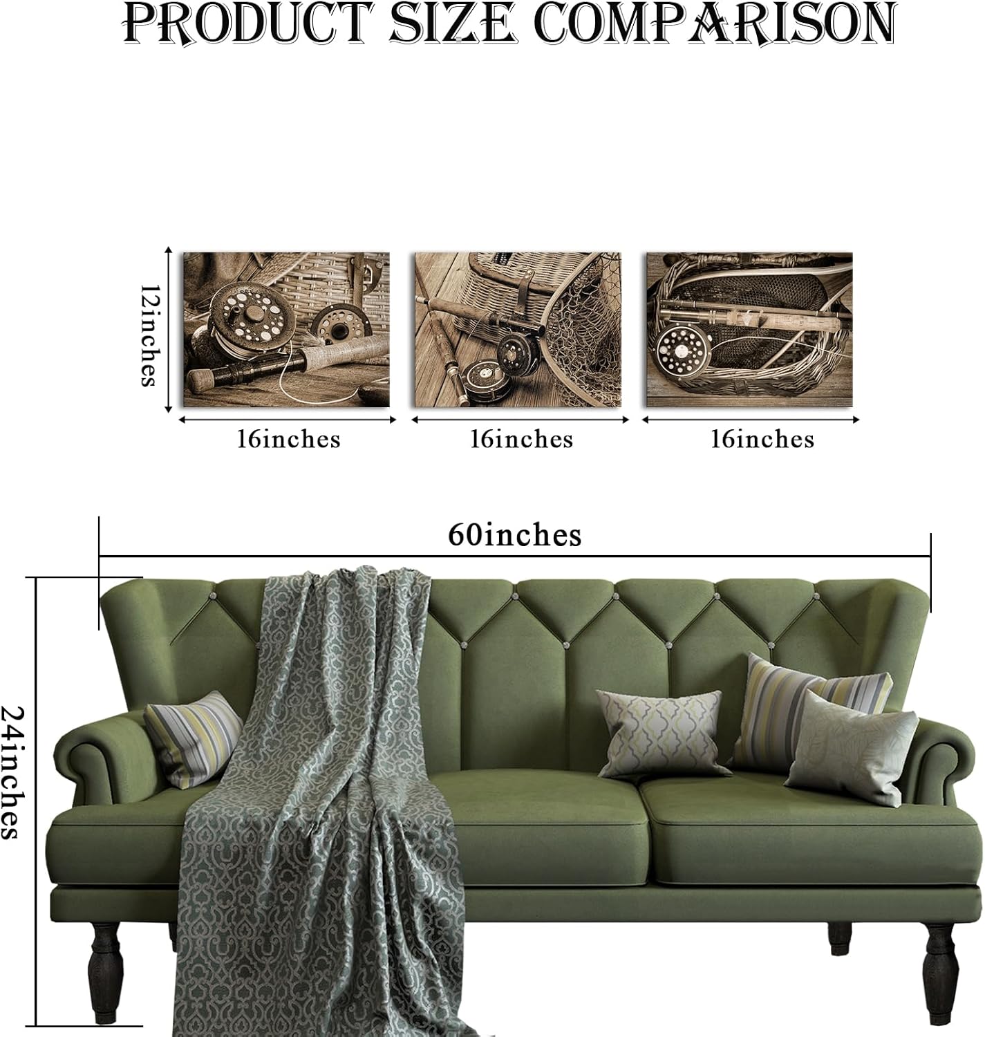 VANSEEING 3 Pieces Vintage Fishing Rod Net Wall Art Canvas Prints Fisherman Man Cave Pictures Retro Sepia Brown Fishing Tackle Artwork Wall Decor for Farmhouse Lake Cabin Bedroom 12"x16"x3 - Image 2