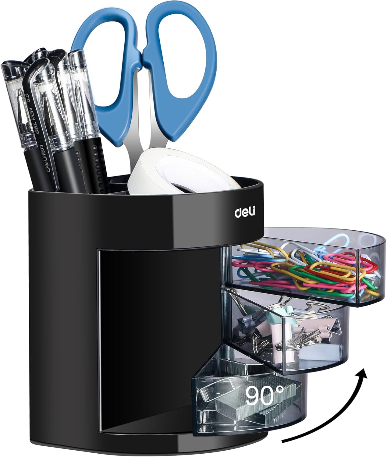 Amazon.com: deli Pen Holder Desk Organizer with 3 Rotatable Arc Drawers ...