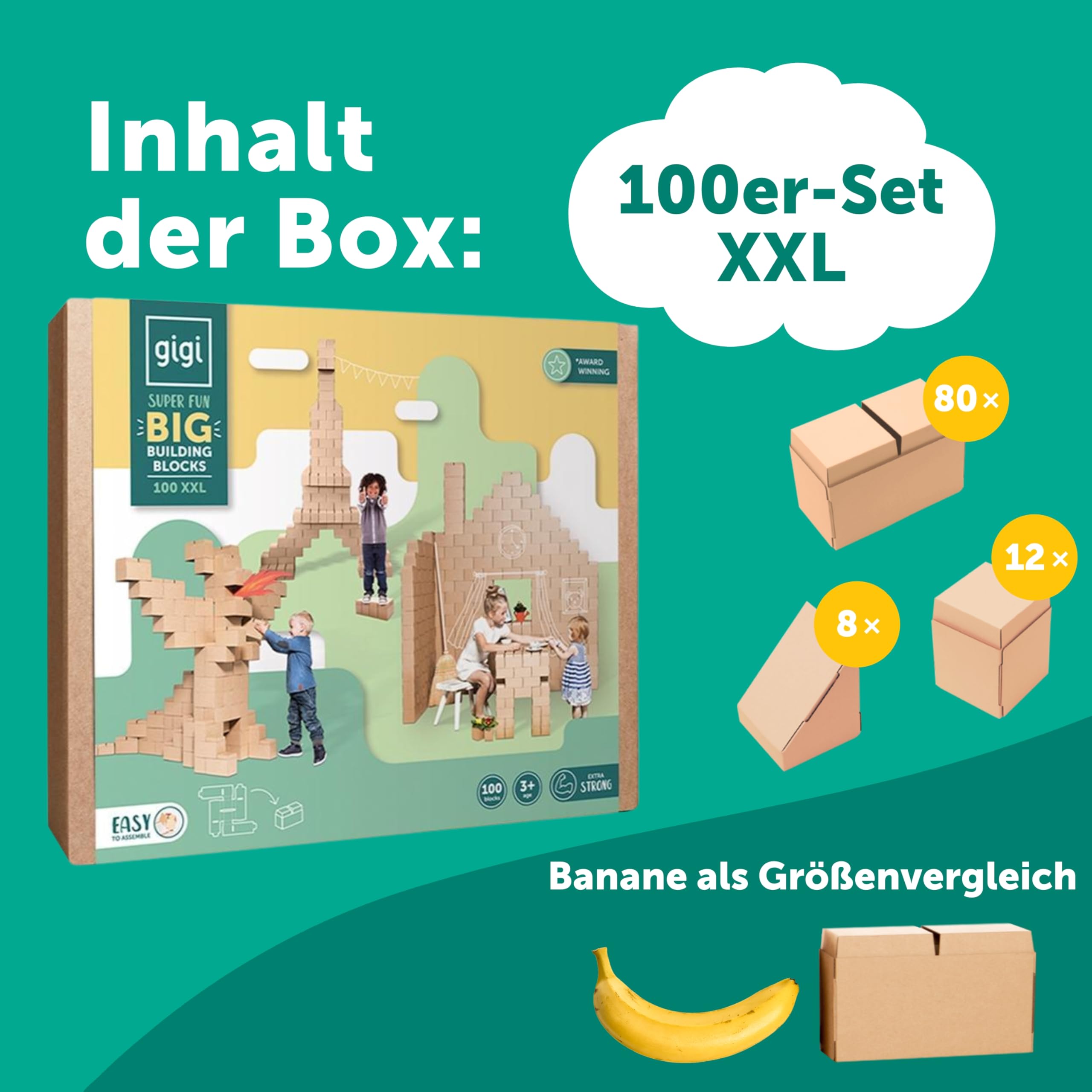 Gigi Bloks XXL Gr. 100 Stapelbare und Ineinandergreifende XXL Bausteine Kinder | Robuste Klemmbausteine Groß & Leicht Montierbare Bauklötze Groß | Konstruktionsspielzeug für Jungen & Mädchen