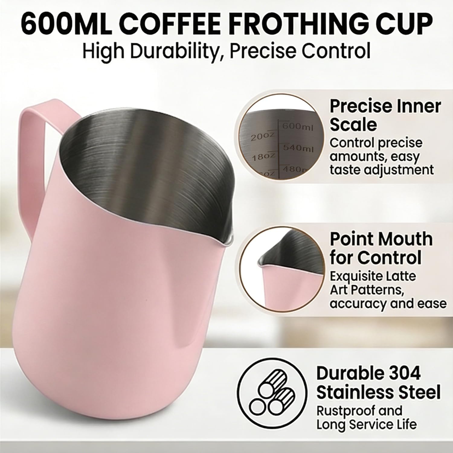 Milk Frothing Pitcher 20oz (600ml) – Stainless Steel Latte Art Pitcher with Inner Scale & Pointed Spout for Espresso Machine & Coffee Barista Tools – Pink Stainless Steel Milk Frother