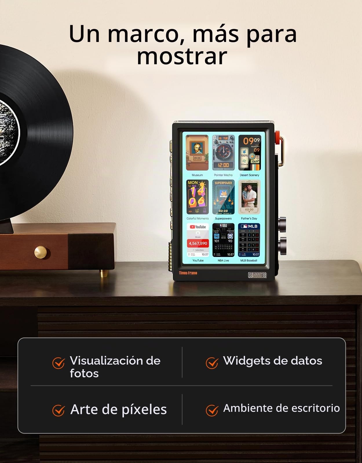 Divoom Times Frame - Marco de Fotos Digital Transparente de 10,1 Pulgadas con WiFi y 64 GB, Pantalla IPS Flotante y botón Giratorio RGB, 400 diales, widgets y Comunidad de Arte de píxeles (Negro)