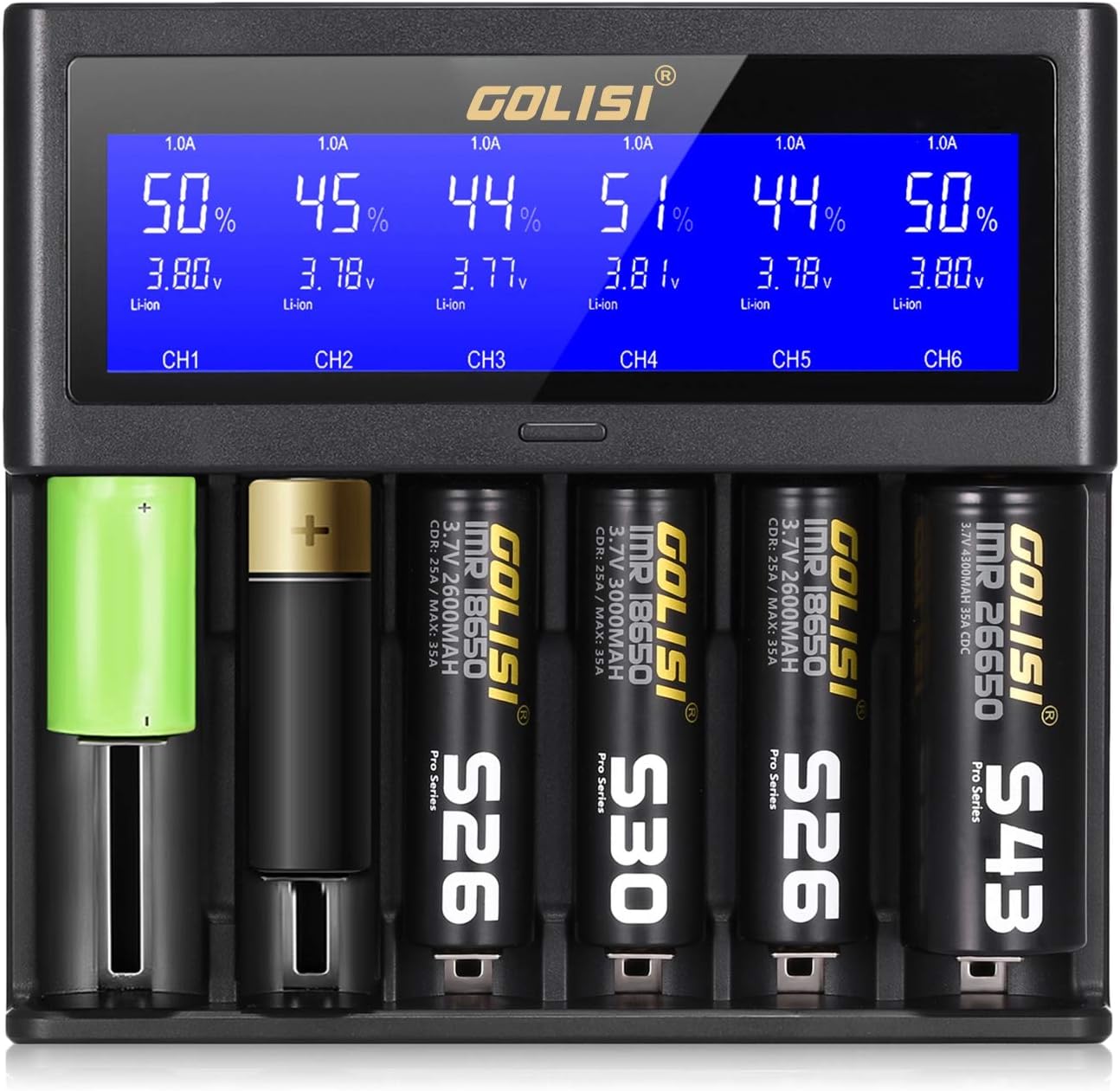 GOLISI S6 2A 1A 0.5A Smart Battery Charger LCD Display Rapid Rechargeable Lithium-ion/NiMH/NiCd 18650 26650 18350 16340 21700