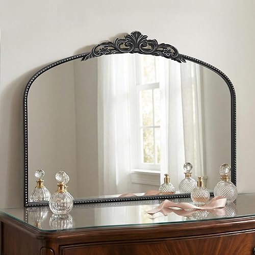 Micasso Espejo negro de pared vintage: espejo antiguo barroco francés de 24 x 32 pulgadas, espejos arqueados decorativos ornamentados tradicionales