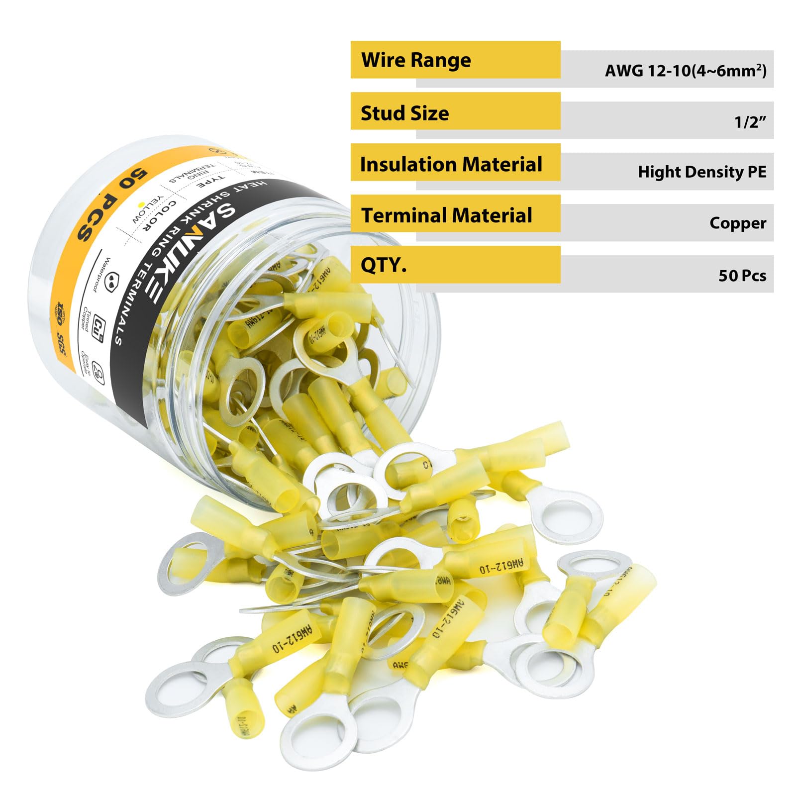 Sanuke 50pcs 12-10 AWG Yellow 1/2