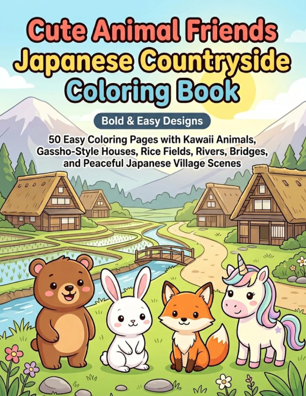 Cute Animal Friends Japanese Countryside Coloring Book: 50 Easy Coloring Pages with Kawaii Animals, Gassho-Style Houses, Rice Fields, Rivers, Bridges, and Peaceful Japanese Village Scenes