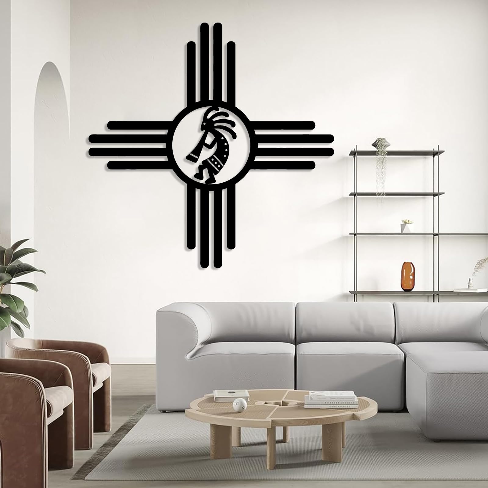 Decoración de pared abstracta contemporánea de metal con el símbolo del Sol ZIA y Kokopelli, arte, decoración, colgante, símbolo de Nuevo México, interior, exterior, jardín, patio (70x70 cm, negr