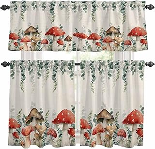 Kitchen Curtains Tiers and Valance Set of 3, Red Mushrooms Light Filtering Window Curtain Set, Eucalyptus Leaves Summer Botanical Rustic Rod Pocket Curtain Drapes for Living Room, 36 Inches Tiers