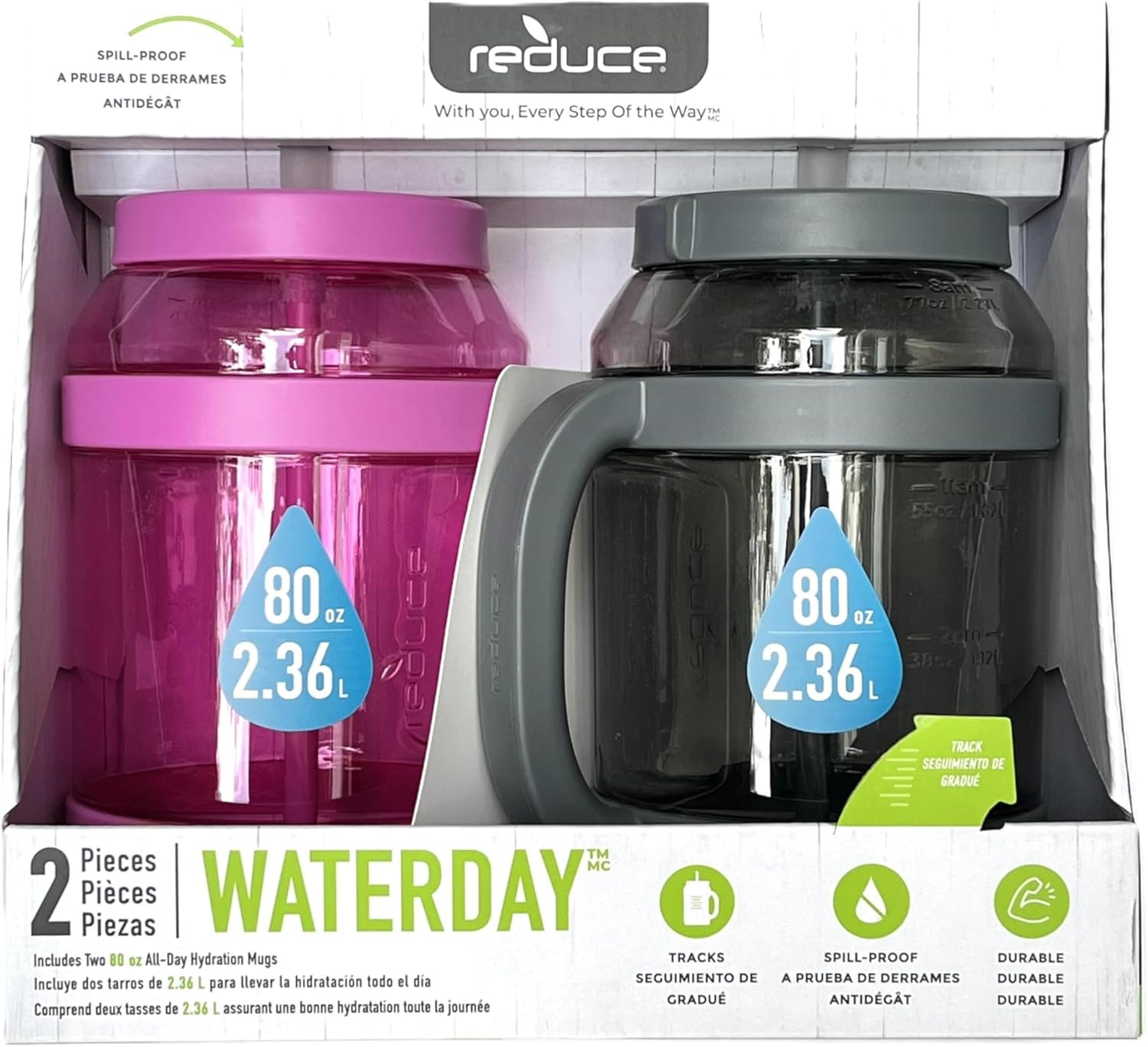 Reduce WaterDay, Spill-Proof Silicone Straws, 80oz Capacity, 2-pack (Pink & Grey)