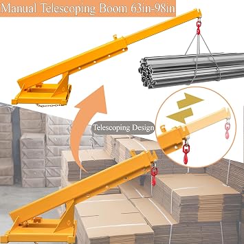 TECHTONGDA Fork Mounted Hoist Jib Boom Crane, 6600LB Capacity Telescopic Boom Lift Crane, 63-98 Manual Telescoping, Forklift Mobile Crane Lifting Hoist, Forklift Boom Attachments Lifting Equipment