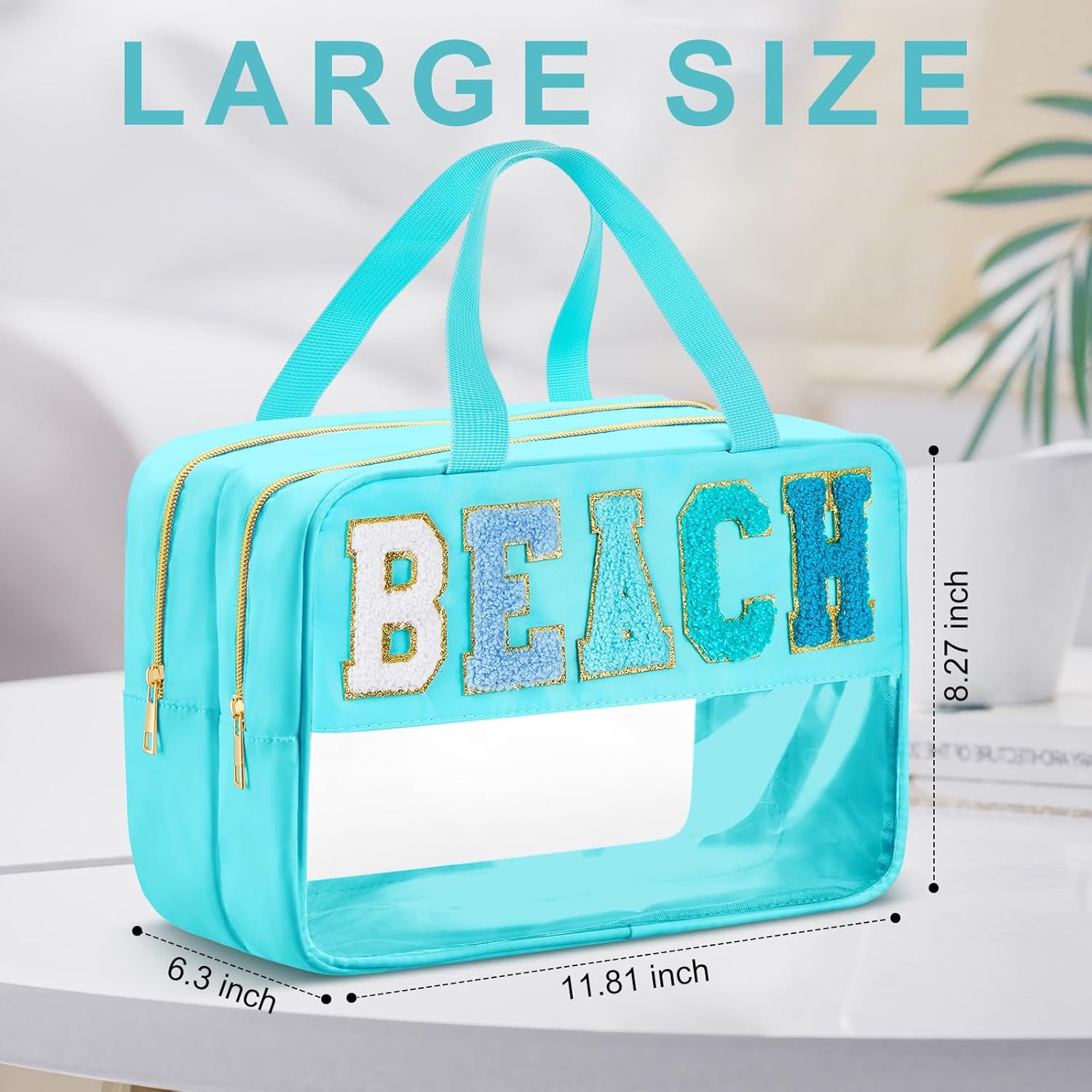 Pinkunn Large Clear Chenille Letter Bag Double Layer Makeup Patches Cosmetic Bag Zipper Pouch for Travel Waterproof Nylon Toiletry Makeup Supplies for Women Girls(Teal,Beach) - Image 2