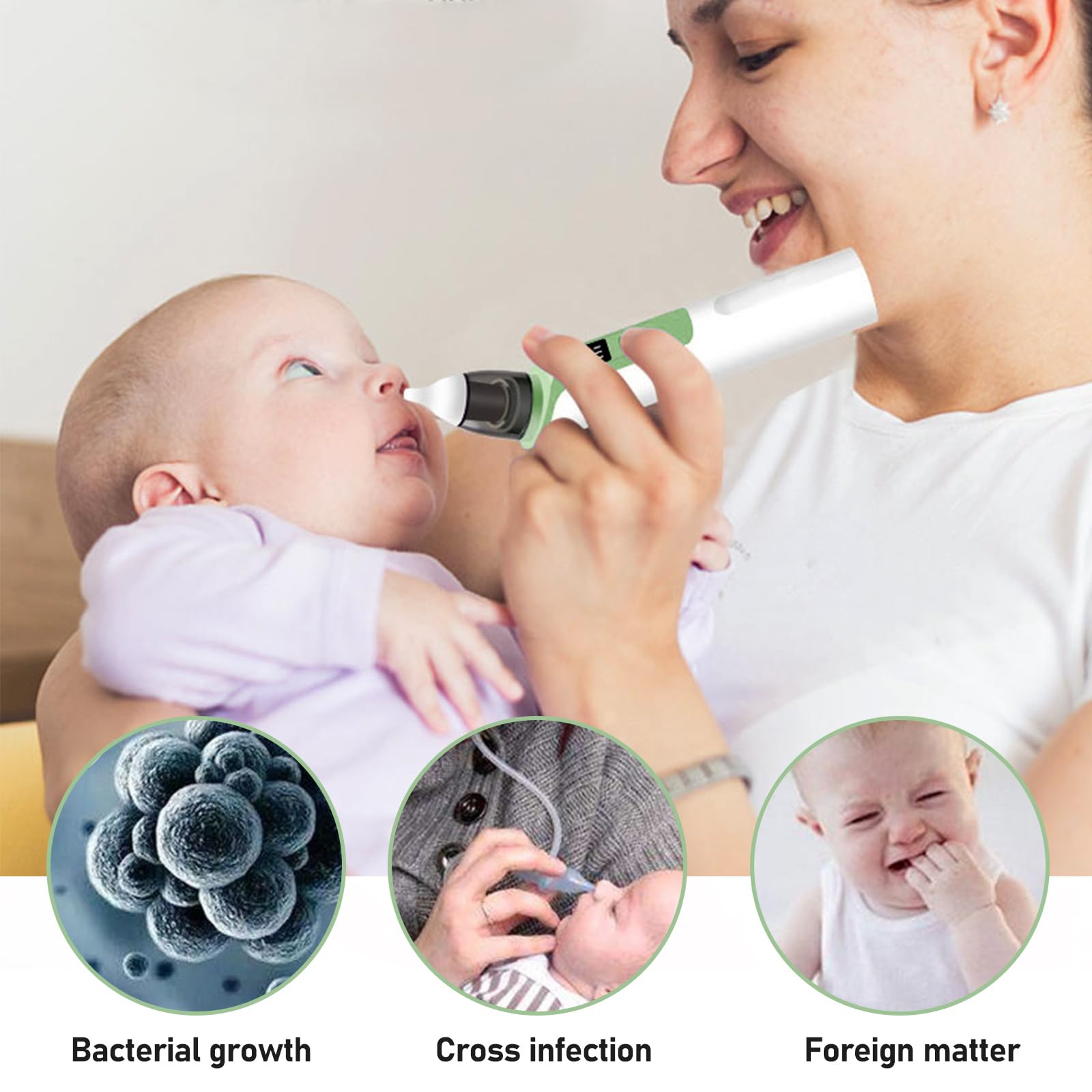 Aspiratore nasale per bambini, aspiratore nasale elettrico, aspiratore nasale, aspiratore nasale con 6 livelli di aspirazione e 2 punte in silicone ricaricabile, per neonati e bambini piccoli (verde)