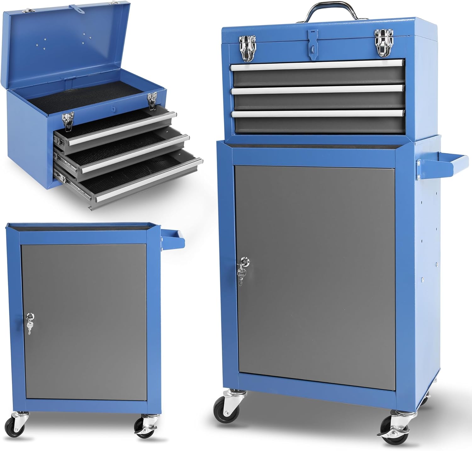 Henf Rolling Tool Storage Cabinet with Detachable Tool Box, 3-Drawer Steel Organizer, Adjustable Shelf, Wheels for Garage