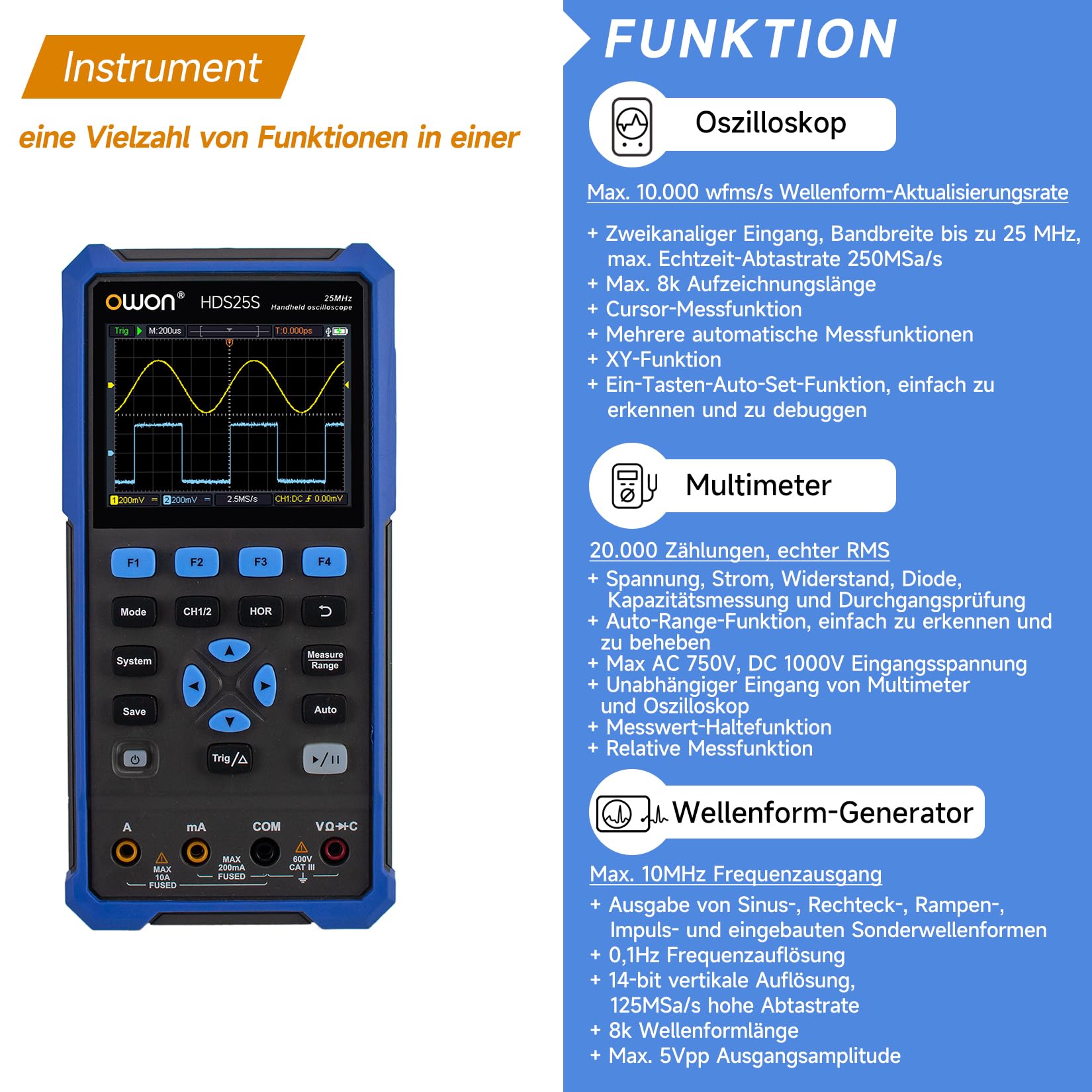 OWON Handoszilloskop, digitales Multifunktions-Oszilloskop-Multimeter, 20000 Zählwerte, tragbares 3-in-1-Universal-Testgerät, mit 3,5-Zoll-LCD-Bildschirmanzeige, 2 Kanäle, 25 MHz Bandbreite, HDS25S