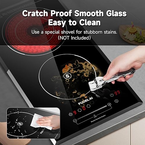 Miniatura 2 de Placa eléctrica de 2 quemadores, placa de cerámica de 3200 W 240 V con 9 niveles de potencia, control táctil, bloqueo de seguridad automático,