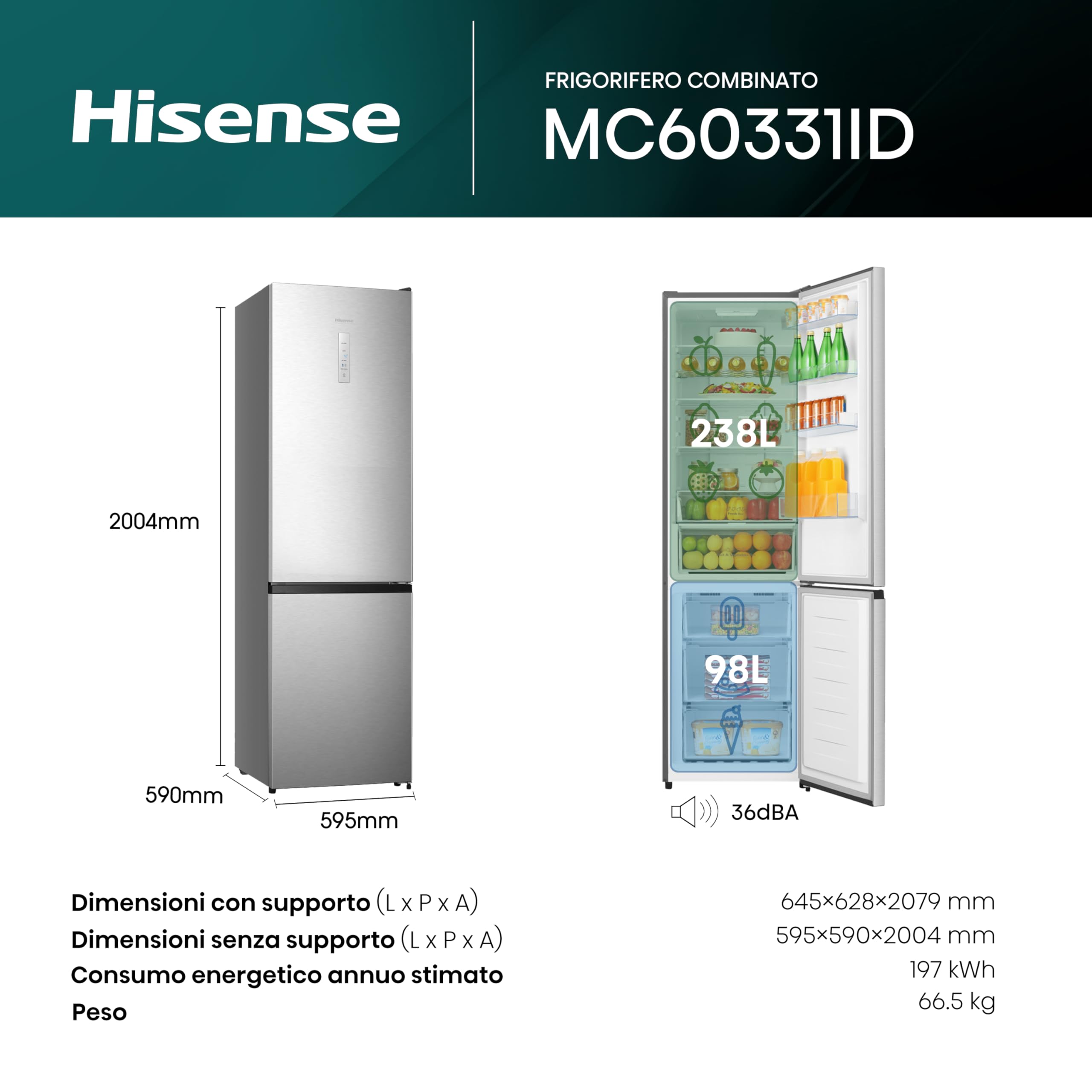 Refrigeratore Combinato Freestanding MC60331ID No Frost 200 cm - Dettaglio