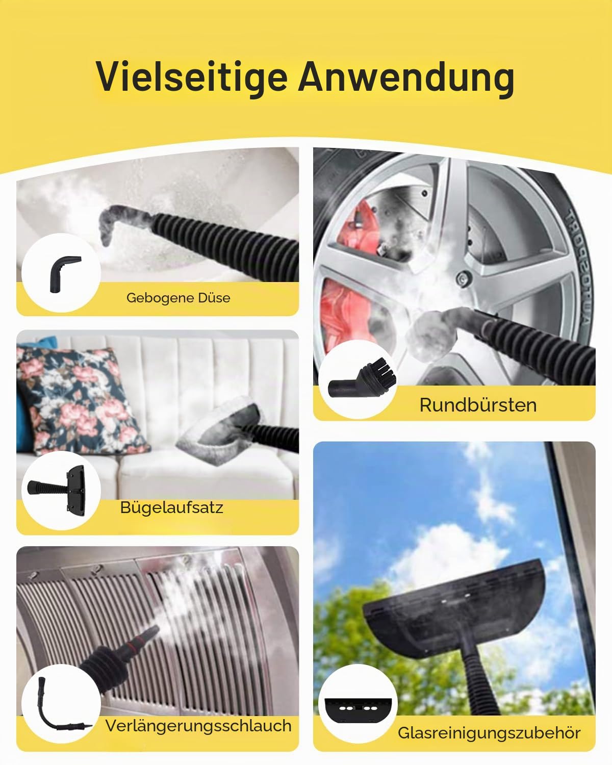 KOK Handdampfreiniger, 1050w, 3,5 bar, 350ml Wassertankkapazität Dampfreiniger Handgerät mit 9-teiligem Zubehör, Küchen, chemikalienfreier Dampfreiniger für Böden, Fliesen und Fenster (Gelb)
