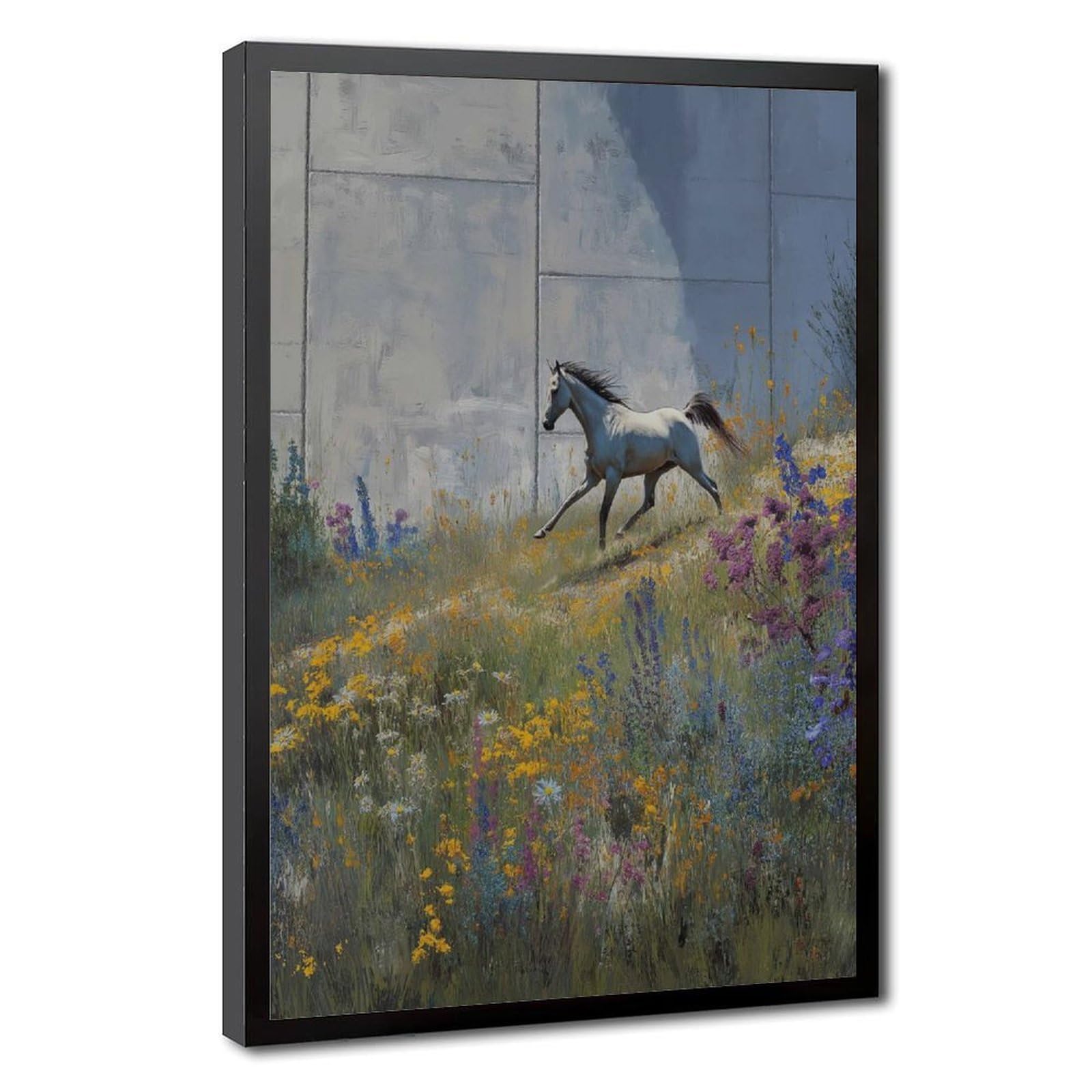 Bareronor White Horse Wildflower Poster Canvas Poster Bedroom Decor Landscape Office Room Decor Gift 24" L X 36" W