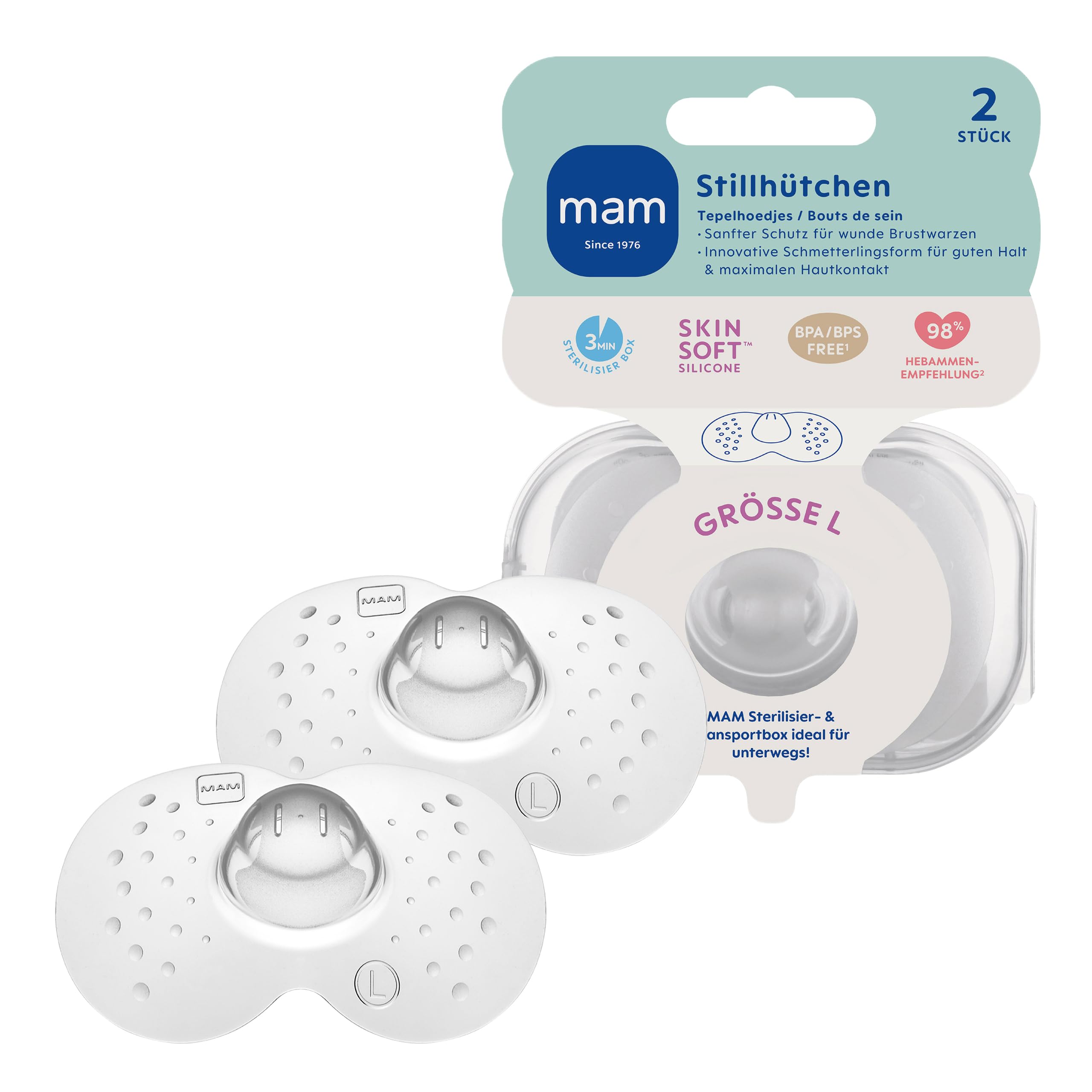 MAM Stillhütchen Größe L (ø 23 mm) im 2er-Set, Brusthütchen zum Schutz beim Stillen, Brustwarzenschutz für maximalen Hautkontakt zwischen Mutter und Kind