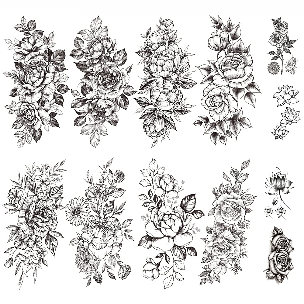 Yesallwas タトゥーシール 花 黒 薔薇 バラ 12枚セット 入れ墨シール リアル 防水 長持ち 刺青シール メンズ レディース black rose flower temporary tattoos 11.5x21CM