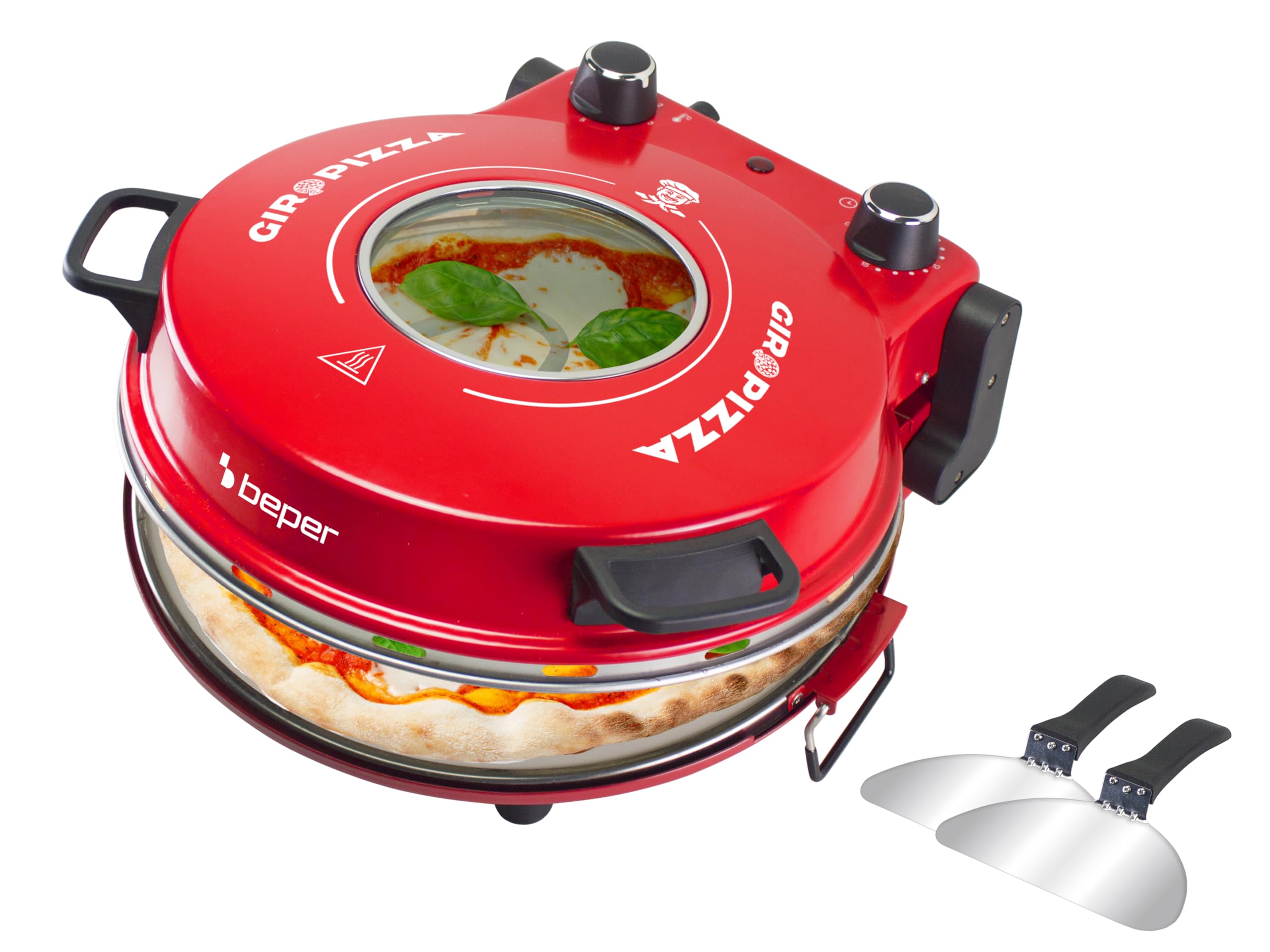 BEPER P101CUD301 Forno Elettrico per Pizza, 1200W, Temperatura 400°C, Piastra da 31 cm, Fornetto per pizza con Piastra Refrattaria Rimovibile, Oblò, Palette in acciaio, Rosso