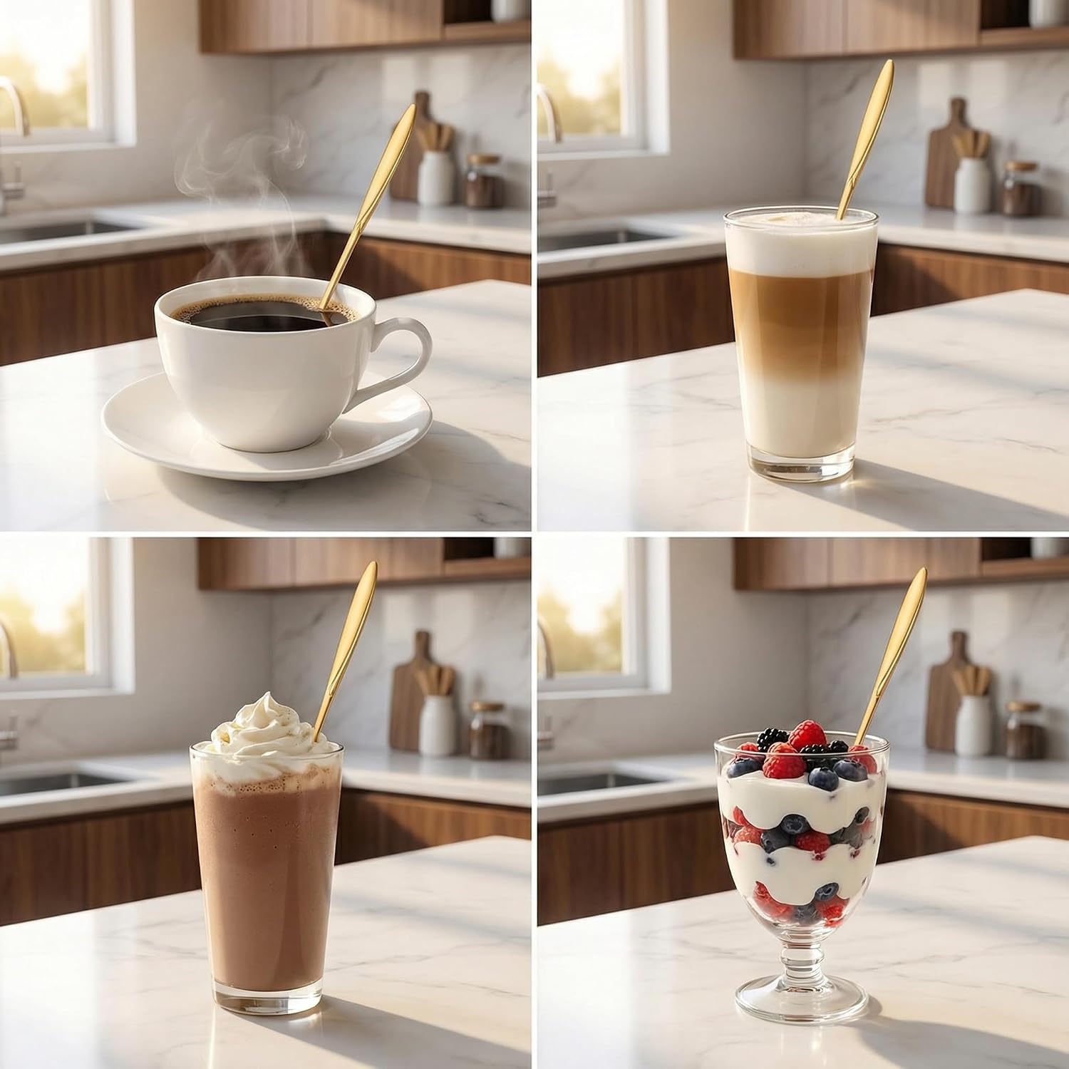 Gold Rose Iced Tea Spoons Set of 4 | Long Handle Stainless Steel Spoons | Long Handle for Tall Glasses | Ideal for Espresso, Latte & Dessert | Elegant Rose Design | Dishwasher Safe & Durable