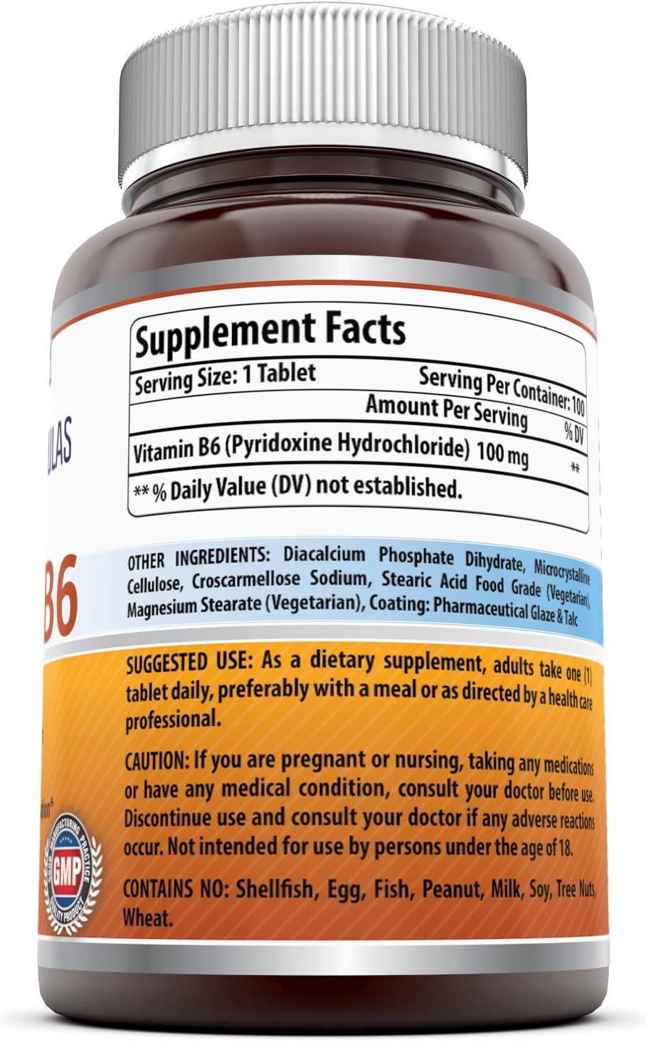 Amazing Nutrition Vitamin B6 Dietary Supplement – 100 mg, 100 Tablets (Non-GMO,Gluten Free) – Supports Healthy Nervous System, Metabolism & Cell Health : Health & Household