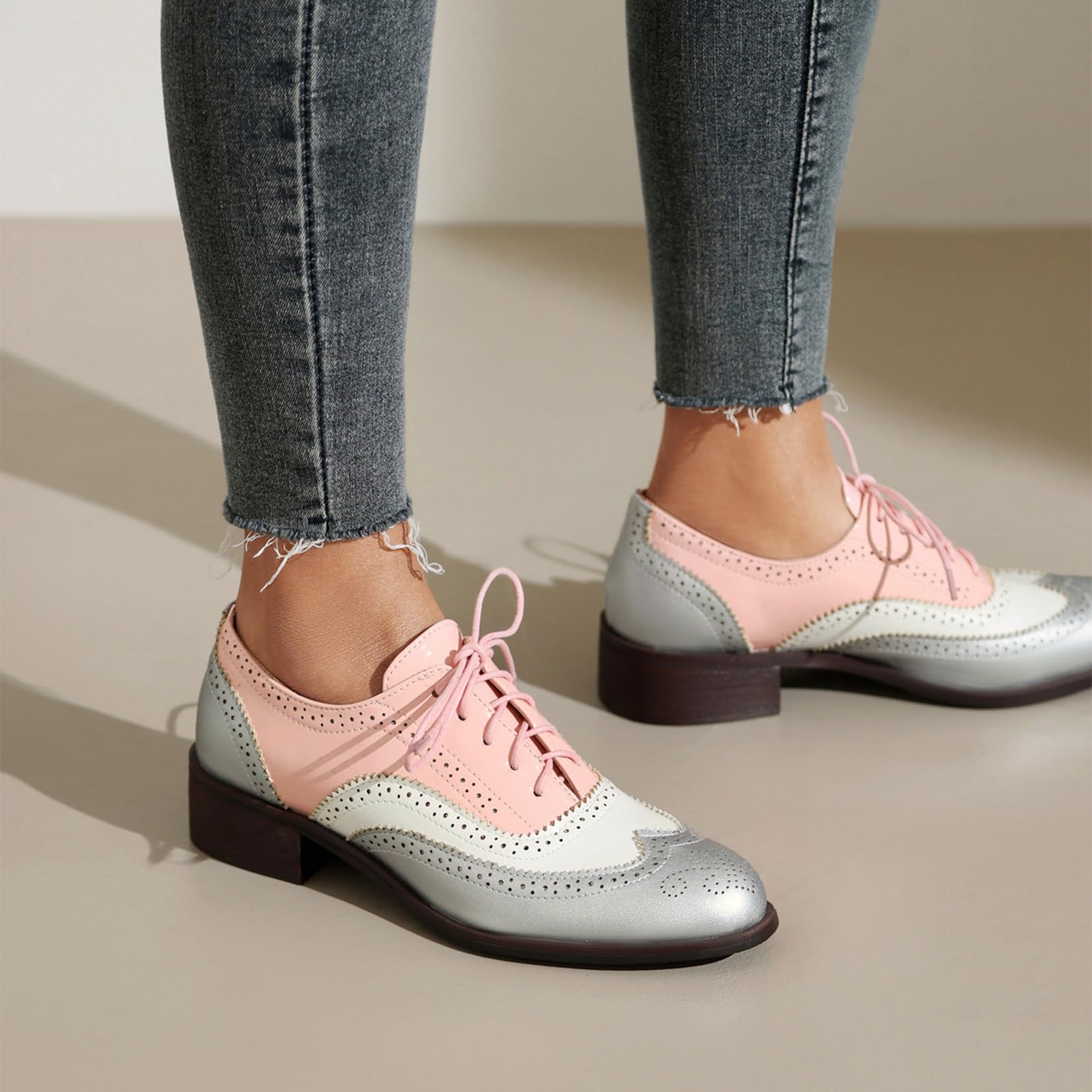 ANUFER Mujeres Color de Contraste Tacón de Bloque Wingtip Brogues Caña Baja Oxfords Zapatos de Salón