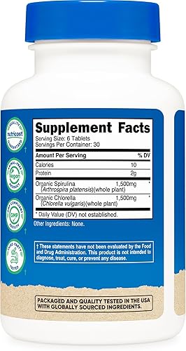 Miniatura 5 de Nutricost Espirulina orgánica + clorella (3,000 mg) 180 tabletas - USDA Organic, 1,500 mg de espirulina, 1,500 mg de clorella, vegano, sin OMG, sin