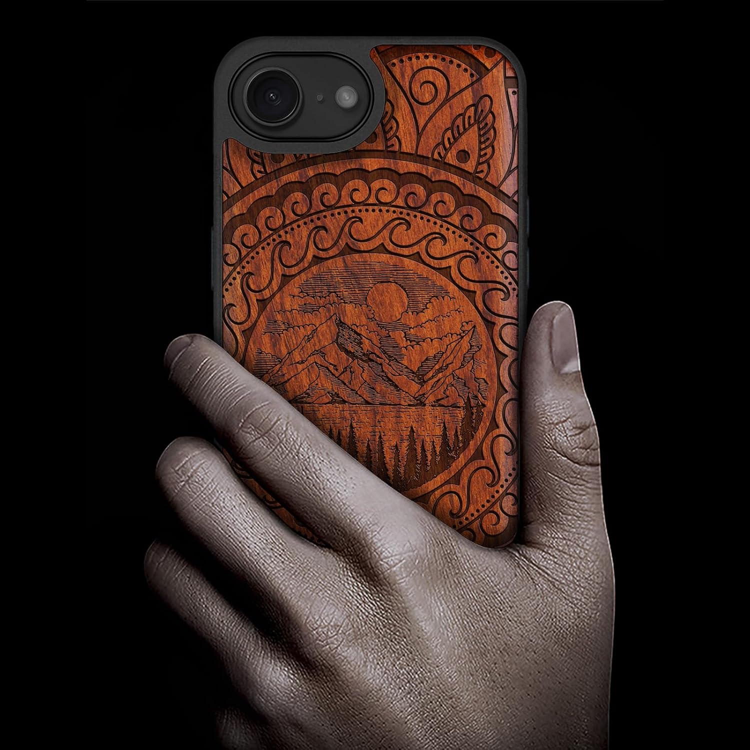 Carveit Magnetic Wooden Case for iPhone 16e / 17e, Solid Wood & Black TPU, Artisan Engraved Design, Shockproof Cover, Compatible with MagSafe Wireless Chargers, Paisley and Nature in Harmony - Rosy