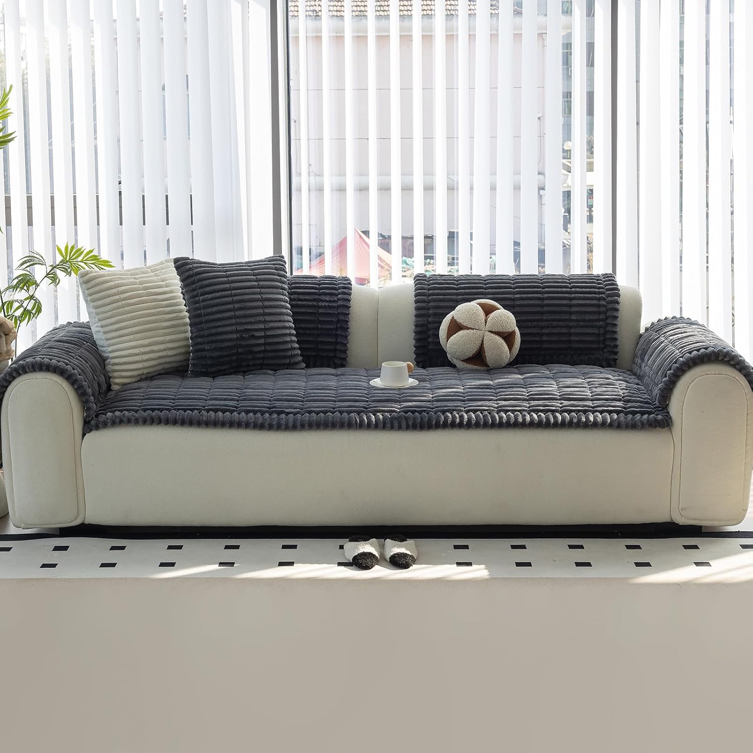 Sofa Couch Cover, Sofa Covers for Dogs Washable, Non-Slip Striped Sofa Slipcovers for Sectional Sofa, Sofa Cover Furniture Protector for L Shaped(Dark Grey, 27.6"x 82.7")