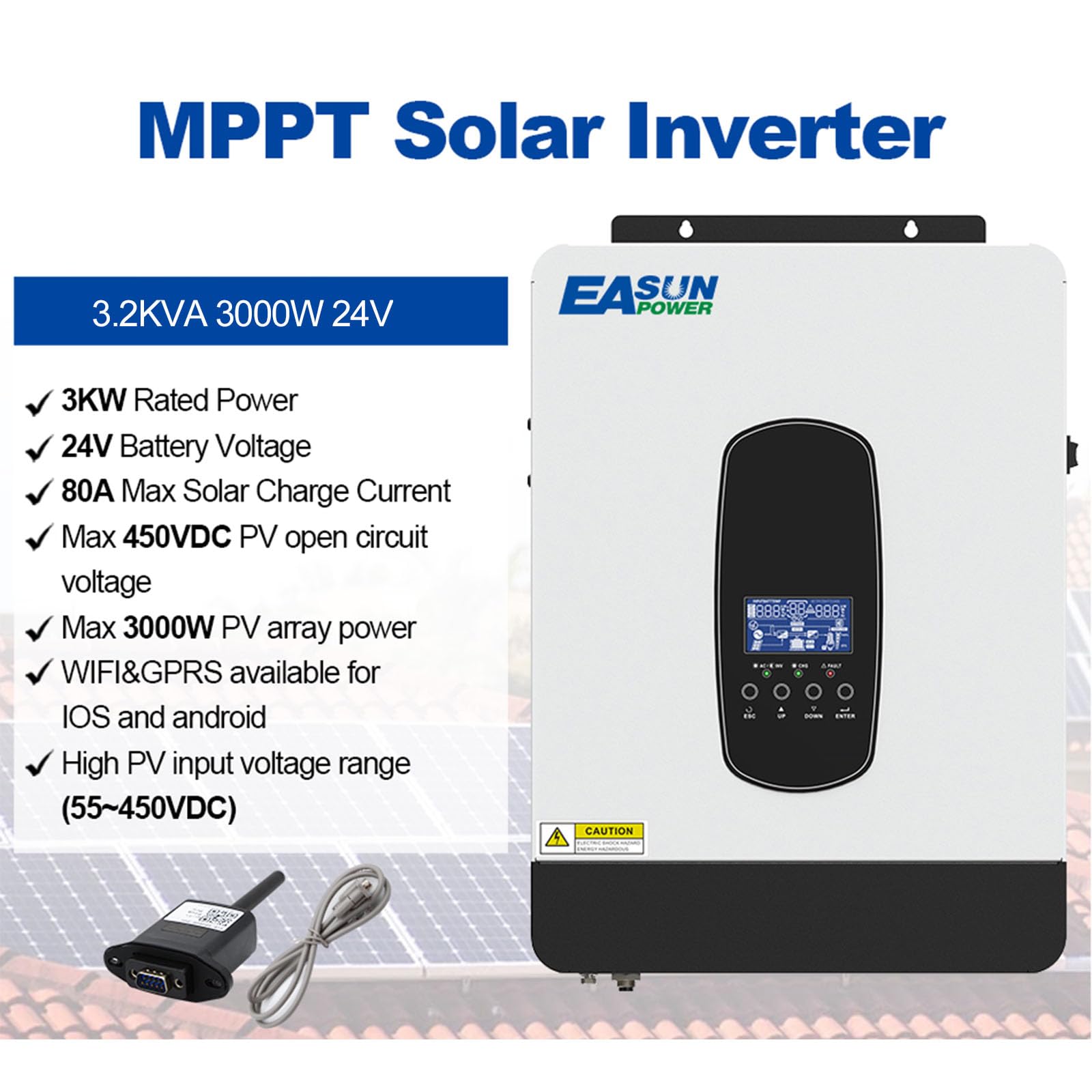 POWLAND 3.2KVA 3000W Hybrid wechselrichter 24V, netzunabhängiger Reiner Sinus-Wechselrichter, PV-Eingang 55-430VDC, mit 80A MPPT Solarladeregler, für 24V Blei- und Lithium-Batterien