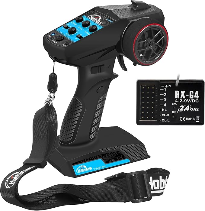 Hobby Fans RC Radio System 4CH 2.4G RC Transmitter with Receiver and Lanyard Anti-Jamming Remote Controller for RC Car Crawler Boat, Blue