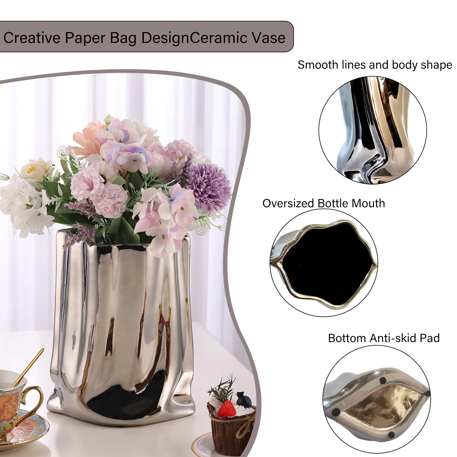 Areaware / BRUSH VASE CHROME 花瓶 Buy VanEnjoy Large Silver Vase Wide Mouth, Ceramic Silver Vases