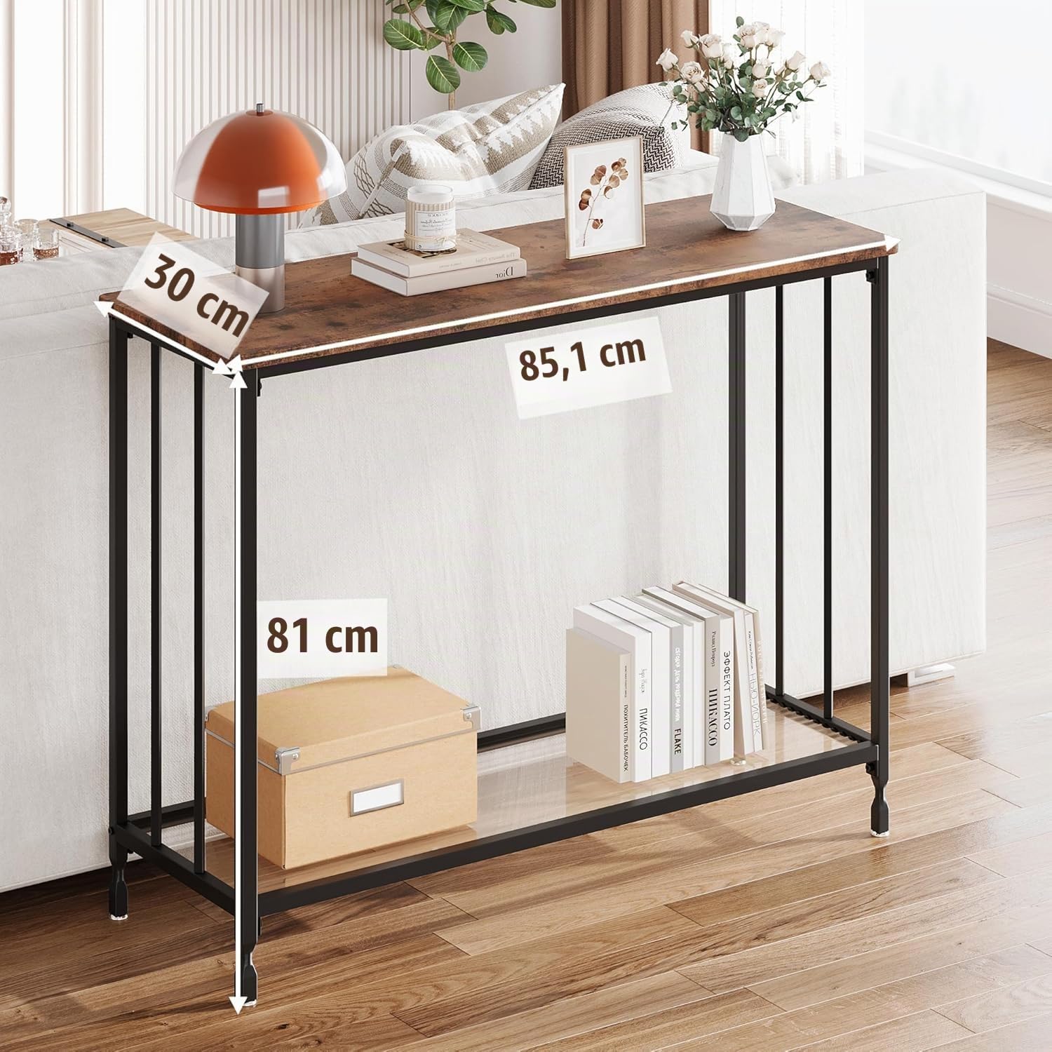 Konsolentisch Schmal mit Ablage, 85 x 30 x 81 cm Beistelltisch Vintage Flurtisch Kleiner Ausstellungstisch Metall Sofatisch Industrieller Langer Eingangstisch für Eingang, Flur, Dunkelbraun-Schwarz