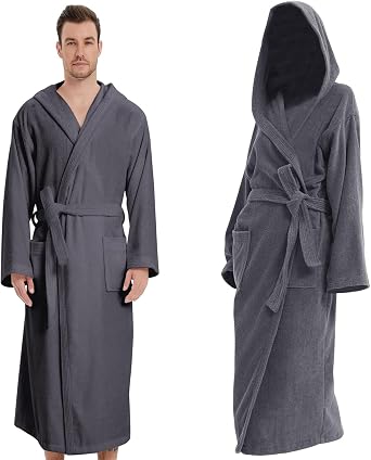 Marquess Mens Robe with Hood, Plush Cotton Bathrobe,Soft Terrey Cloth Bath robe, Absorbent Hooded Robe for Shower Spa