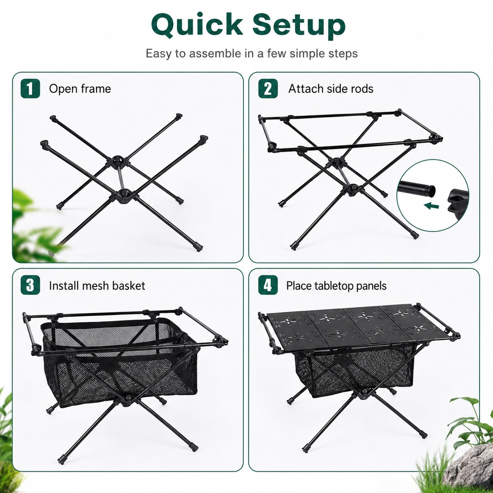 GOOGO Tavolo pieghevole da campeggio con piano in alluminio e ripiano in rete, tavolino ultraleggero per picnic, pesca e cucina all’aperto, 59 x 40 x 38 cm (nero)