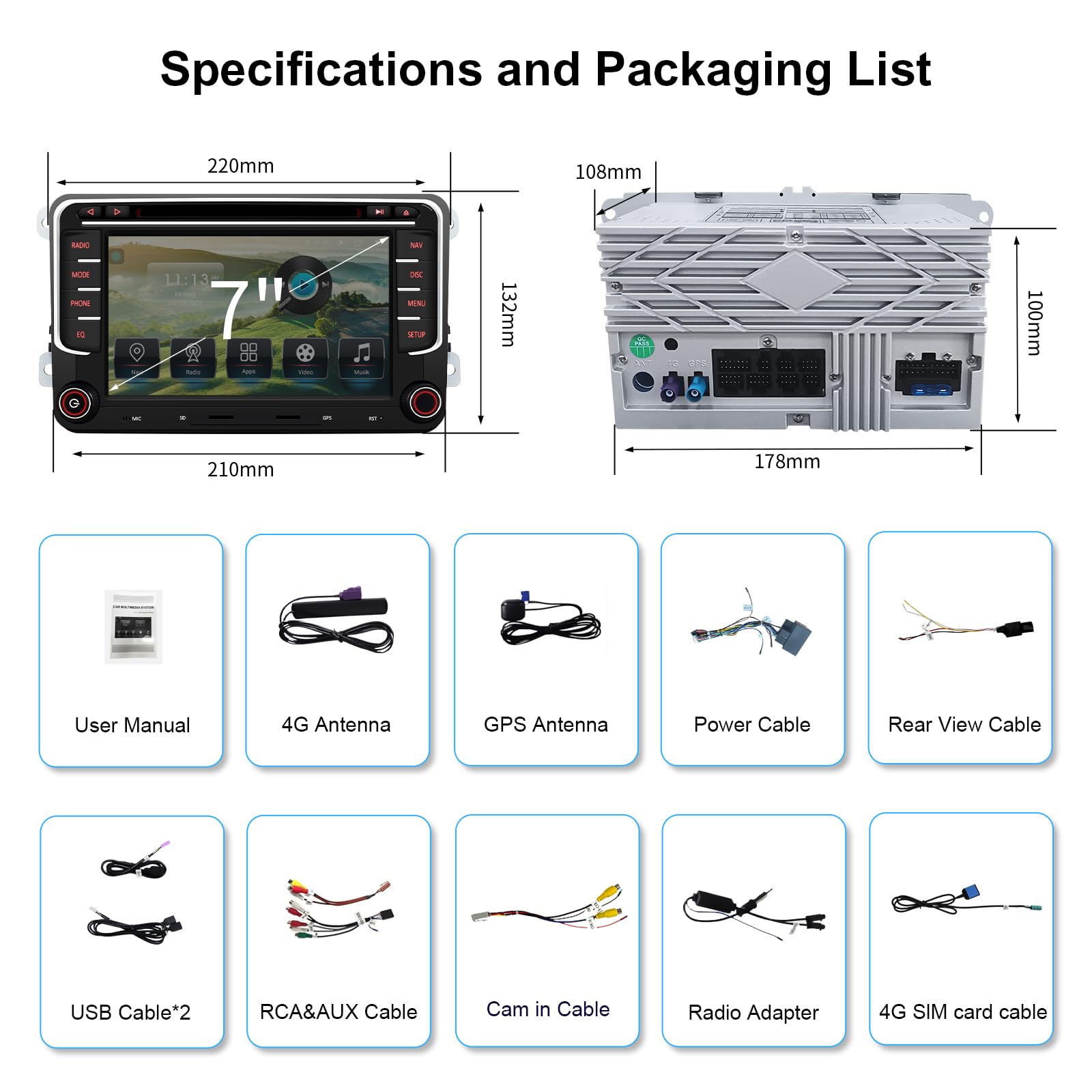 Autoradio für VW Golf 5 6 T5 Polo Sharan Passat Tiguän, CAWELL 7 Zoll HD Doppel DIN Radio mit 4G/Navi/Bluetooth WiFi/GPS/RDS/USB/FM/SD/RCA DVD/CD