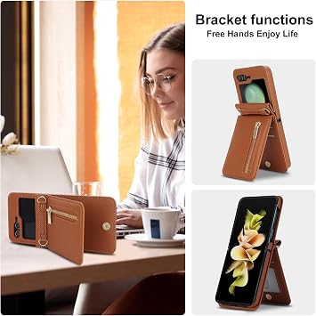 Compatible with Samsung Galaxy Z Flip 6 Stand Stylish Flip Protective Pu Leather Case,wallet case with zip,Card Slot,cash compartment, phone case with Cord for Galaxy Z Flip 6 (Brown)