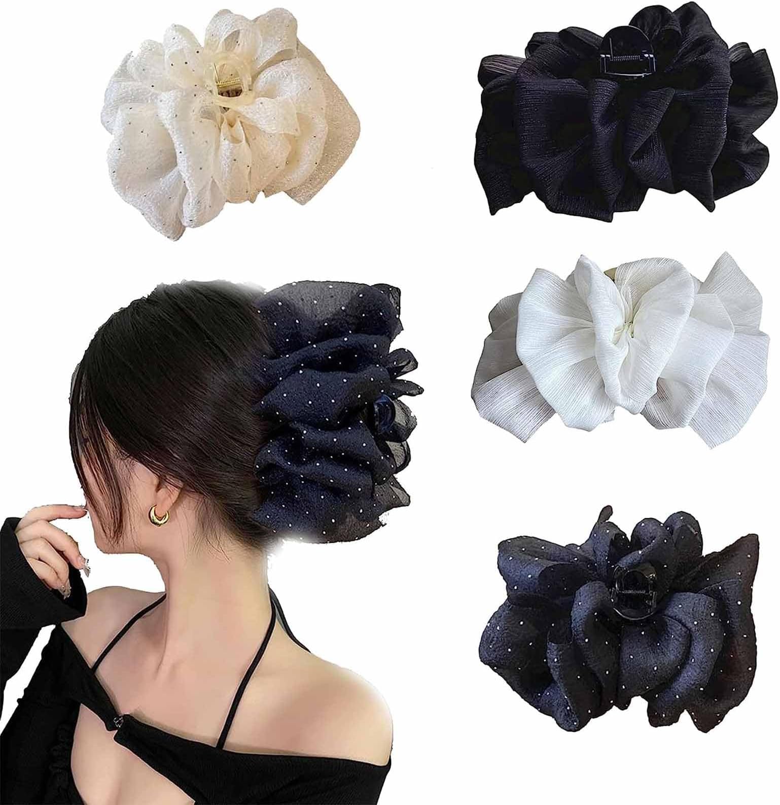 4Pcs Big Bow Hair Clips - Bow Bubble Clips, Silk Chiffon Hair Bow, Mesh Silk Bubble Clip, Sequin Hair Bows Clips, Satin Silk Bow, Hair Styling Accessories, for Women