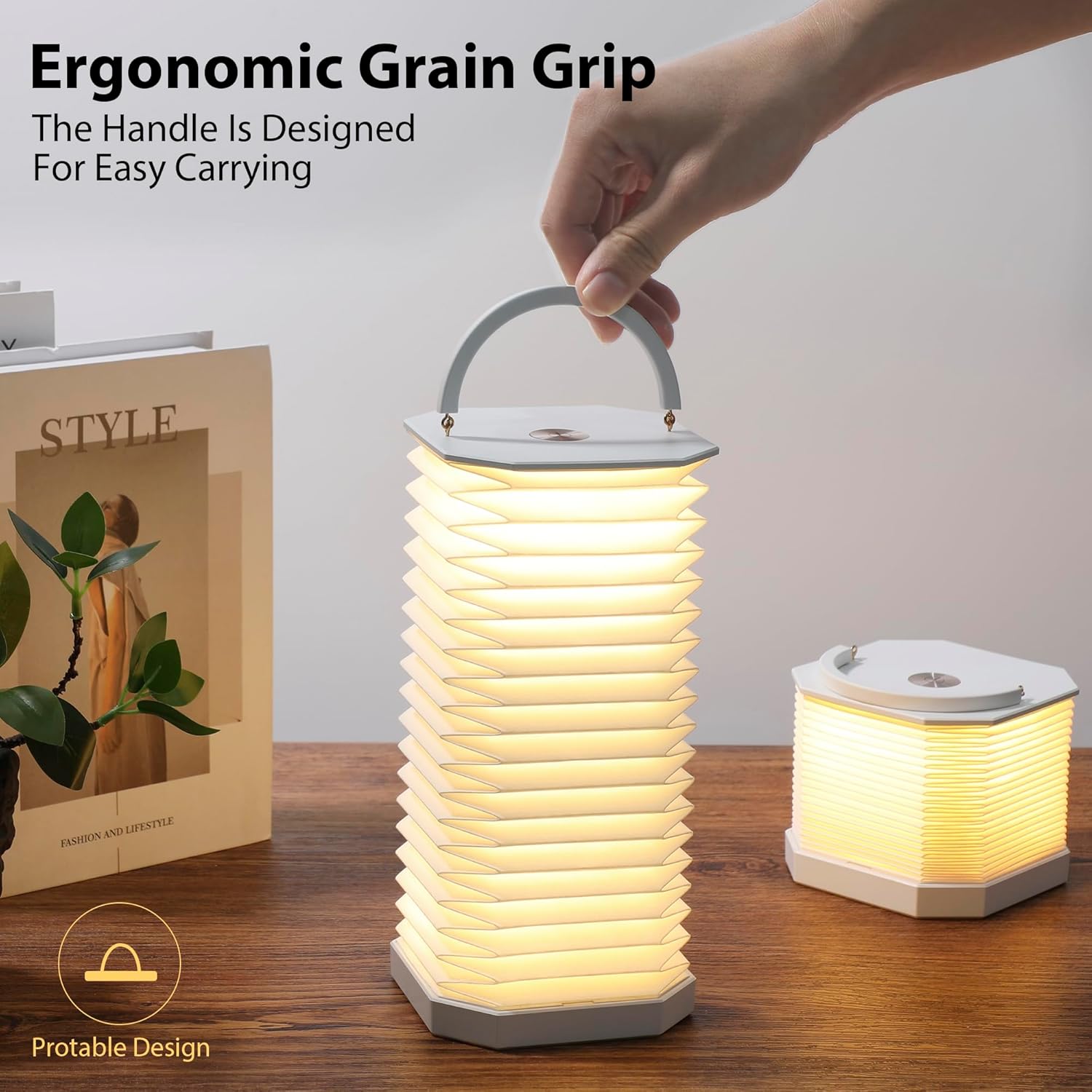 Portable Paper Lamp,White Accordion Desk Lamp,Japanese Lanterns lamp for Home Decoration and Gift,Dimmable Bedside Lamp,1200mAh USB Powered Night Light for Bedroom,Office,Reading （White