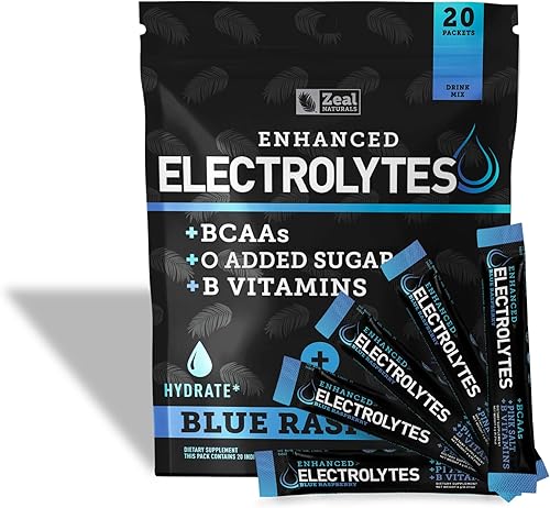 Miniatura 10 de Paquetes de electrolitos mejorados en polvo (fresa y kiwi | 20 paquetes) con 0 azúcar+BCAA + suplemento de electrolitos de vitaminas B con zinc de
