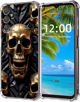 for Samsung Galaxy A54 5G Phone Case, Golden Skulls on Black Pattern High-Definition Painted Back Cover with Soft Transparent TPU Bumper, Shockproof Protective for A54 5G Case