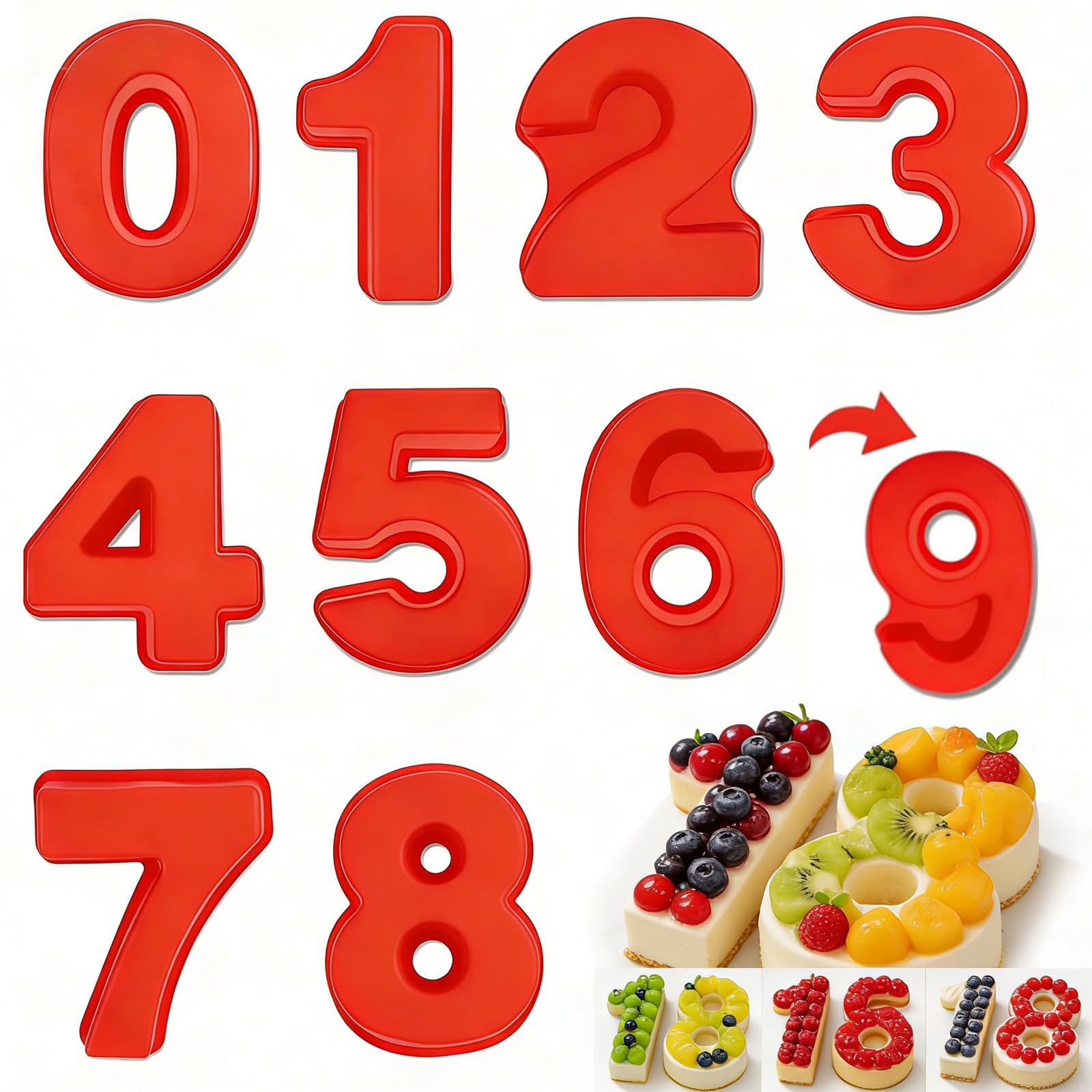 10 Inch Large Silicone Number 0-8 Cake Moulds, 9 Pcs Cake Mould Pan Set, 3D Non-Stick Baking Tins Large Cake Moulds Baking Pans for Birthdays Anniversary Wedding Celebrations (Red)