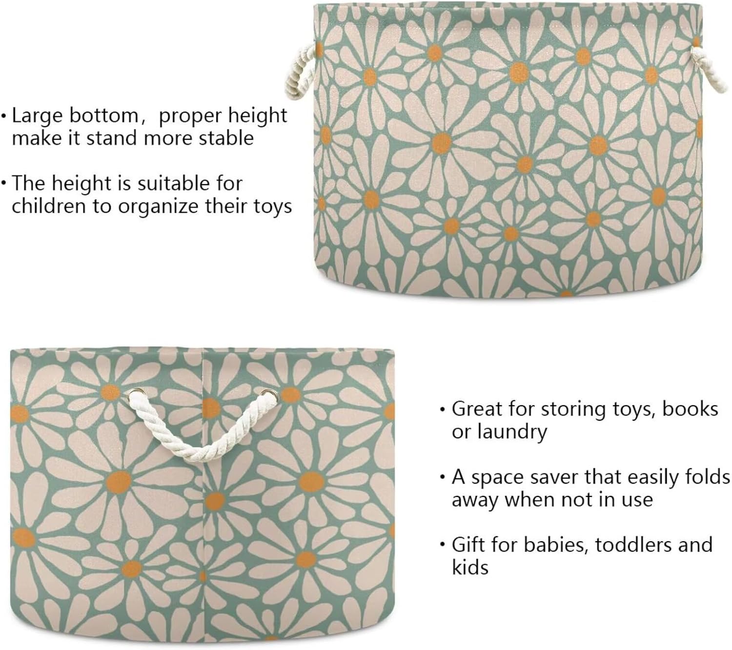 Daisy Flower Print Round Storage Basket Retro Groovy Floral Large Laundry Hamper Boho 20 x 20 x 14 Inches Organizer Bin with Handles Clothes Storage Bag for Nursery Bedroom Living Room Decor