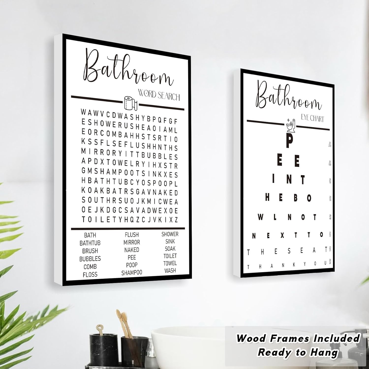 Framed Funny Bathroom Wall Art, Black and White Bathroom Decor, Word Search Pee Eye Chart Wash Your Hand (12x16 inches, Set of 3, Framed) - Image 2