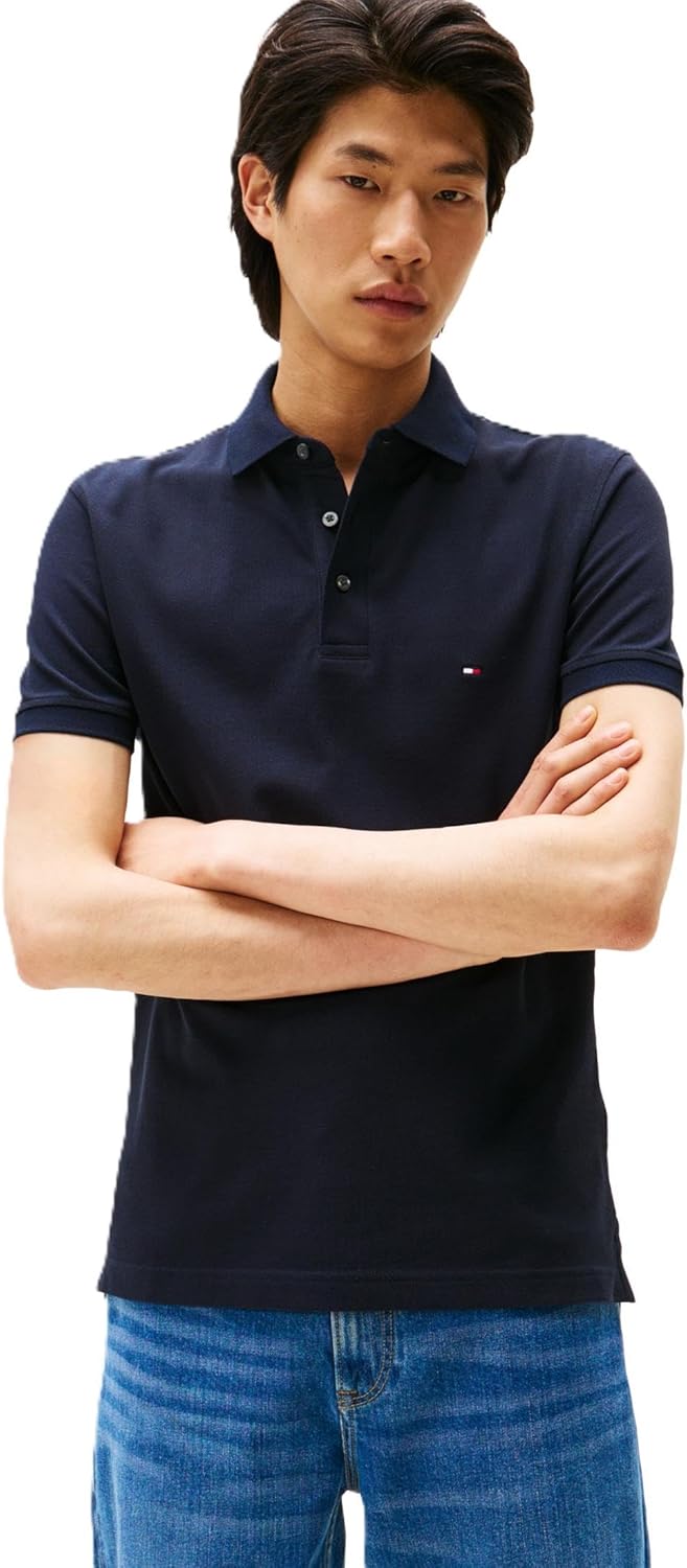 Tommy Hilfiger Men's Short Sleeve Polo Shirts in Slim Fit with Stretch and Organic Pique Cotton